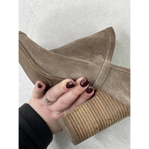 Lucky Brand Laretah Taupe Suede Leather Open Toe High‎ Heel Ankle Boots Size 9.5 - Picture 9 of 13
